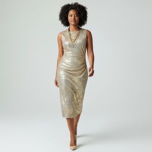Kelly Renée Shimmering Gold Metallic Sleeveless Ruched Cocktail Dress Size Large